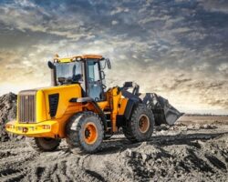 Powerful,wheel,loader,or,bulldozer,working,on,a,quarry,or