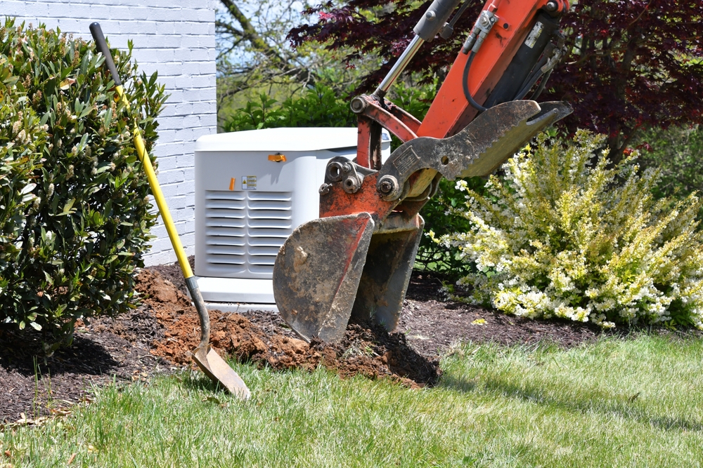 Backhoe,digging,dirt,in,lawn,to,install,electrical,and,gas